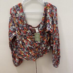 H&M Women XXL  Cropped Multi Colored Floral Blouse Long Sleeves Peasant Ruched
